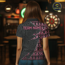 Load image into Gallery viewer, Female model wearing Black &amp; Pink Ribbon Grunge darts polo, custom awareness tournament jersey, personalized league apparel, stylish distressed athletic uniform