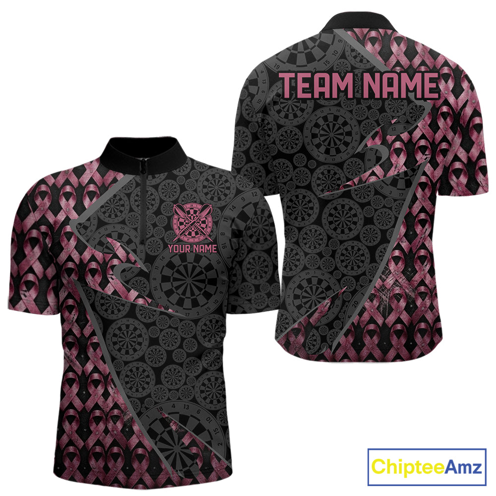 Men's Black & Pink Ribbon Grunge quarter-zip darts shirt featuring distressed ribbon artwork, personalized tournament jersey, custom awareness sports apparel