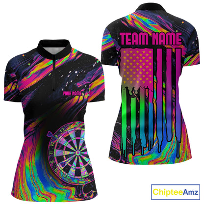 Women's Psychedelic Holographic quarter-zip darts jersey featuring colorful US flag artwork, personalized championship tournament shirt, athletic league apparel