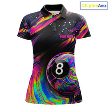 Load image into Gallery viewer, Colorful Holographic women's 8 Ball pool polo shirt, custom billiard tournament jersey, rainbow cue sports apparel, personalized team uniform, championship clothing