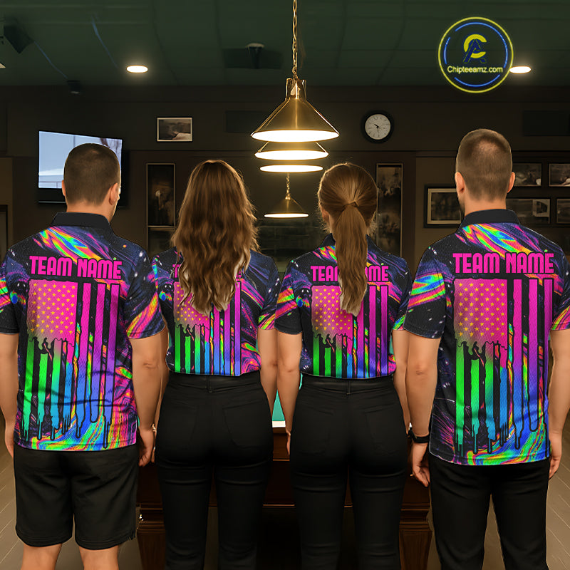 Colorful holographic custom billiard team jerseys featuring 8 Ball artwork, matching pool tournament uniforms, cue sports apparel, league championship shirts