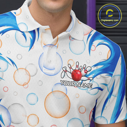 White & Blue Bubbles Funny Lobster Bowling Polo Quarter-Zip Shirt For Men Custom Bowling Team Shirt NYN3976