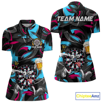 Pink And Teal Paint Dartboard Funny Beer Darts Team Shirt For Women Custom Darts Polo 1/4-Zip Jersey NYN3989