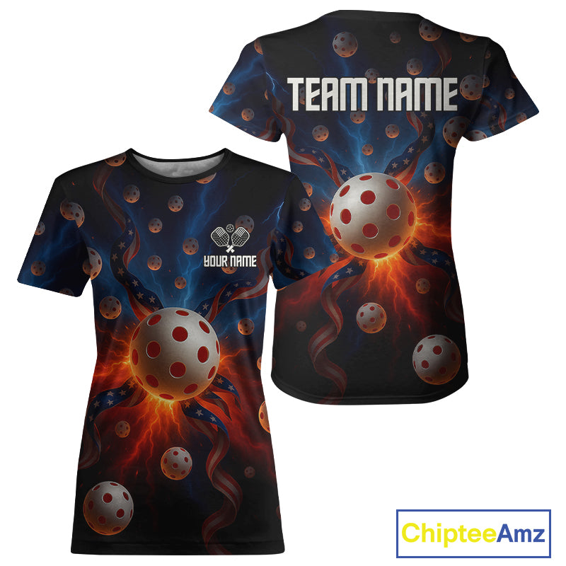 Custom USA Flag Multi-Ball Women's Pickleball T-Shirt Red & Blue Pickleball Jerseys NYN1891