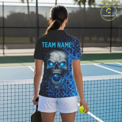 Custom Blue Dripping Skull Pickleball Ball League Jerseys Women Pickleball Paddle Shirts NYN2144