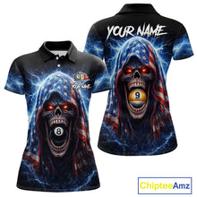 Load image into Gallery viewer, US Flag Thunder Grim Reaper 8 Ball 9 Ball Pool Women Billiard Shirt Custom Patriotic Billiard Apparel NYN2636