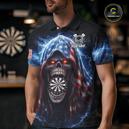American Flag Thunder Grim Reaper Dartboard Men Darts Polo Shirt Custom Patriotic Dart League Shirt NYN2641