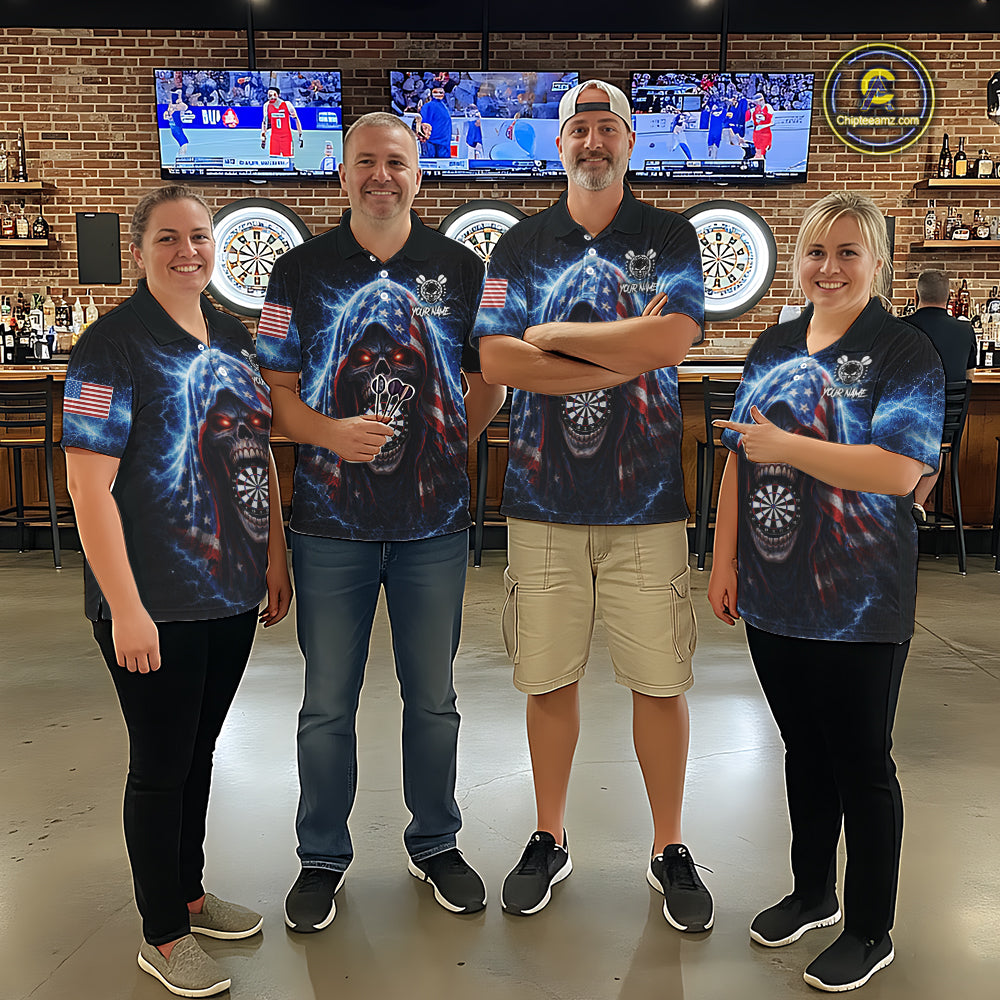 American Flag Thunder Grim Reaper Dartboard Men Darts Polo Shirt Custom Patriotic Dart League Shirt NYN2641