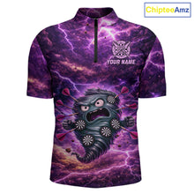 Load image into Gallery viewer, Purple Funny Scary Tornado Dartboard &amp; Arrow Men Darts 1/4-Zip Shirt Custom Dart League Shirts NYN2643