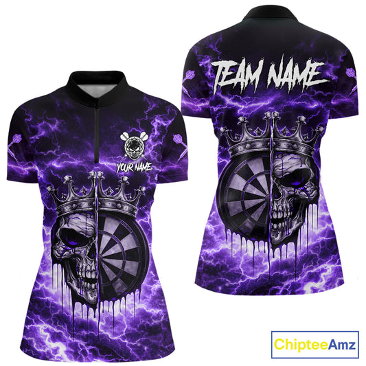 Thunder Purple Cracked Crown Skull Dartboard Women Darts 1/4-Zip Shirt Custom Dart League Shirt NYN2645