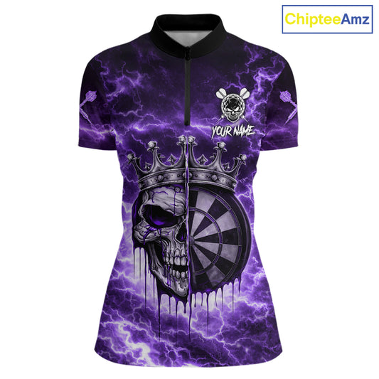 Thunder Purple Cracked Crown Skull Dartboard Women Darts 1/4-Zip Shirt Custom Dart League Shirt NYN2645