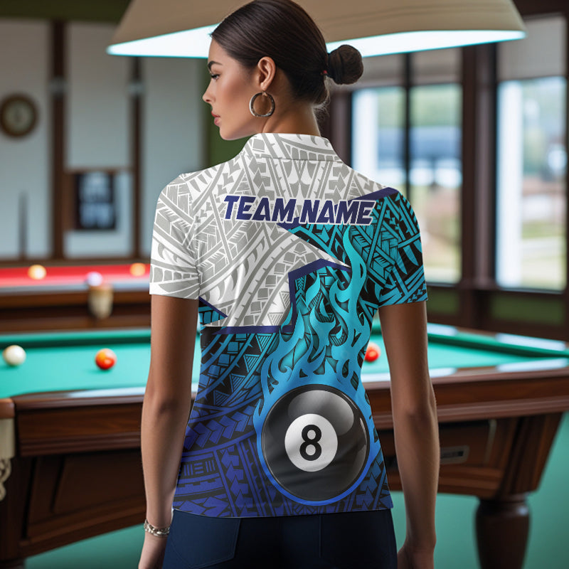 Billiards Pool Player White Blue Tribal Polo Quater-Zip Shirts For Women, Custom Billiard Team Jerseys NYN3015
