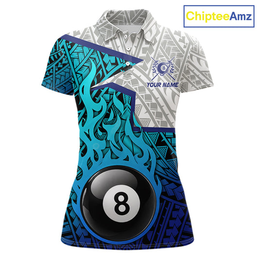 Billiards Pool Player White Blue Tribal Polo Quater-Zip Shirts For Women, Custom Billiard Team Jerseys NYN3015