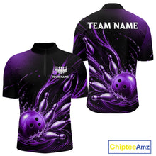 Load image into Gallery viewer, Purple Watering Bowling Ball &amp; Pins Jerseys For Men Custom Splatter Bowling Shirt Team Attire NYN3182