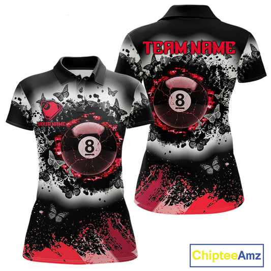 Black white red billiard 8 ball pool shirt for women butterfly grunge billiard jersey