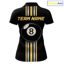 Load image into Gallery viewer, Black &amp; Gold 8 Ball women's billiard polo featuring premium gold accents, custom pool team jersey, personalized league apparel, cue sports performance shirt, 8 Ball tournament uniform, championship billiards clothing, luxury athletic polo