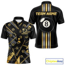 Load image into Gallery viewer, Black &amp; Gold 8 Ball men's billiard polo with metallic gold styling, personalized pool tournament jersey, custom cue sports apparel, APA league uniform, professional billiard team shirt, championship performance sportswear