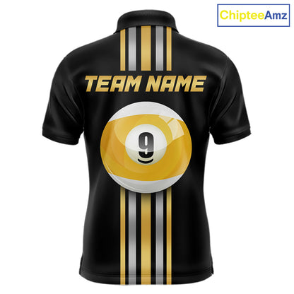 Black & Gold 9 Ball men's pool polo with premium metallic styling, personalized billiard tournament jersey, custom cue sports apparel, professional 9 Ball league uniform, championship athletic clothing