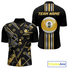 Load image into Gallery viewer, Black &amp; Gold 9 Ball men's quarter-zip pool jersey featuring luxury gold artwork, custom tournament shirt, personalized league apparel, cue sports championship clothing