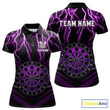 Load image into Gallery viewer, Personalized Thunder Lightning Purple Dartboard Women's Darts Polo Shirt, Moisture Wicking Custom Dart Tournament Jersey Front And Back