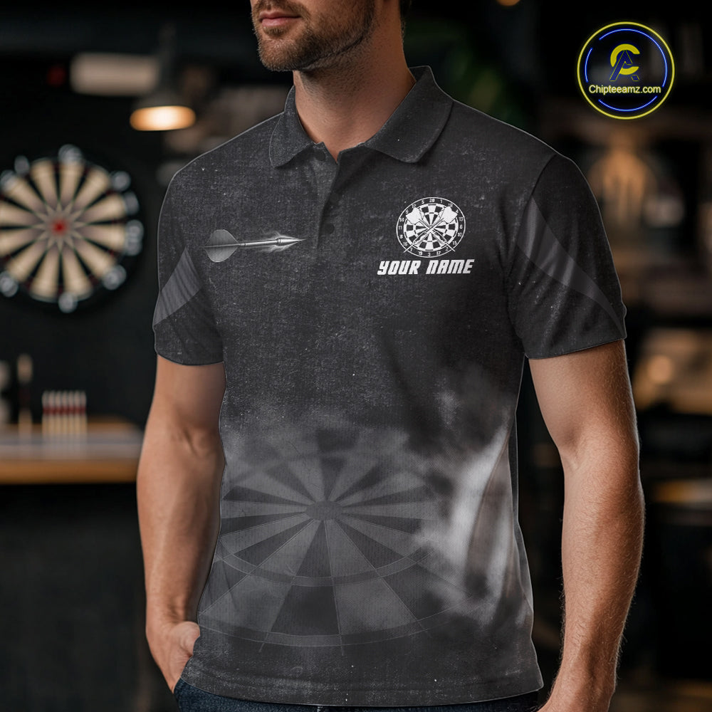 Male model wearing Black Smokes Personalized Darts Polo, Professional Dart Tournament Jersey, Custom Team Apparel