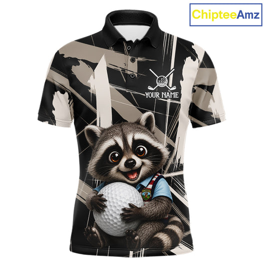 Mens Funny Cute Raccoon Golf Polo Shirts Custom Beige & Cream Brush Golf Team Outfit, Golf Gifts NYN3998