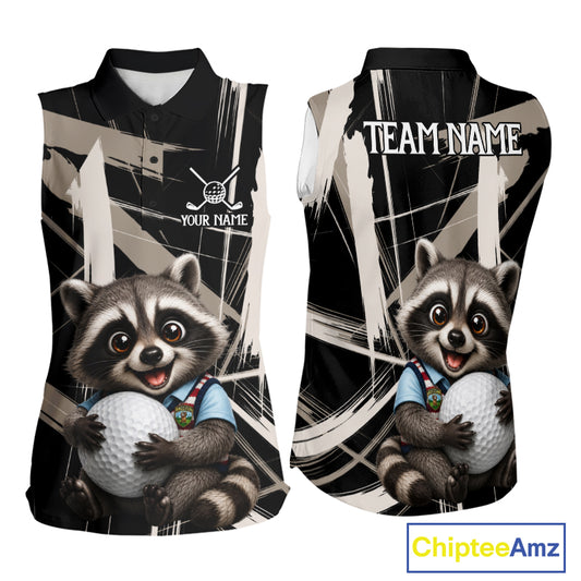 Womens Funny Cute Raccoon Womens Golf Sleeveless Polo Shirts Custom Beige & Cream Brush Golf Team Outfit, Golf Gifts NYN3998