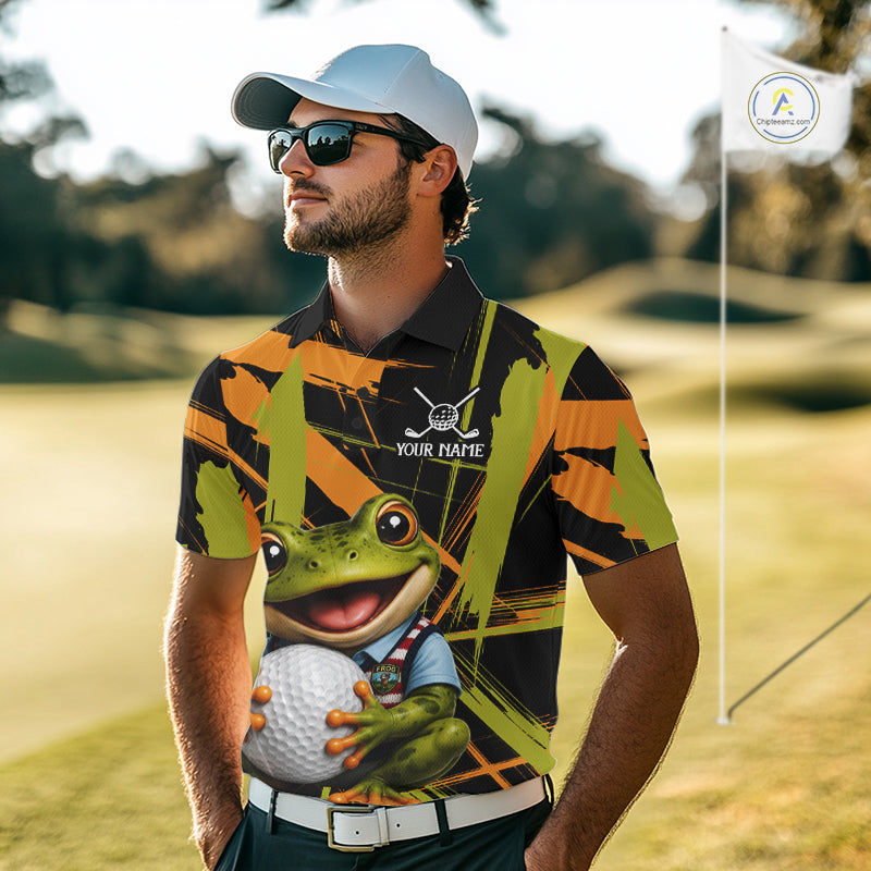Mens Funny Cute Frog Golf Polo Shirts Custom Yellow & Green Brush Golf Team Outfit, Golf Gifts NYN3999