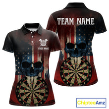 Load image into Gallery viewer, Custom Grunge US Flag Skull Dartboard Women Darts Polo Shirt Outfits Patriotic Dart Jerseys NYN1894