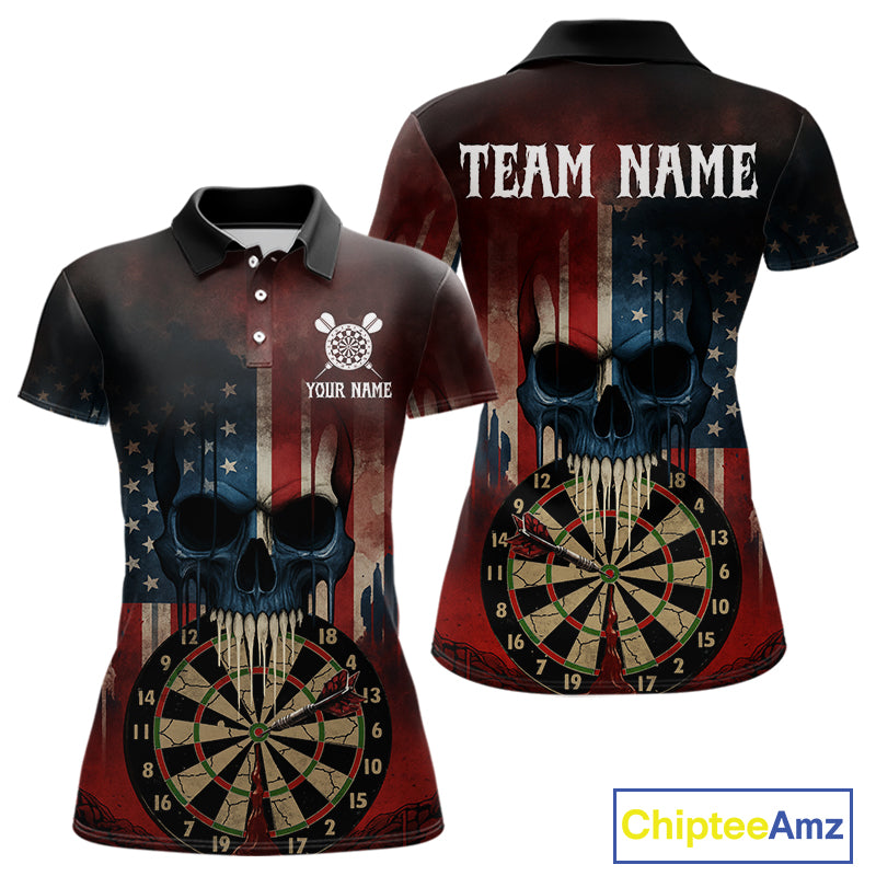 Custom Grunge US Flag Skull Dartboard Women Darts Polo Shirt Outfits Patriotic Dart Jerseys NYN1894