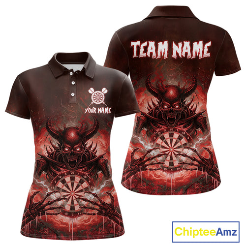 Custom Red Flames Skeleton Grunge Dartboard Women Darts Polo Shirt Horror Dart Jerseys NYN1896