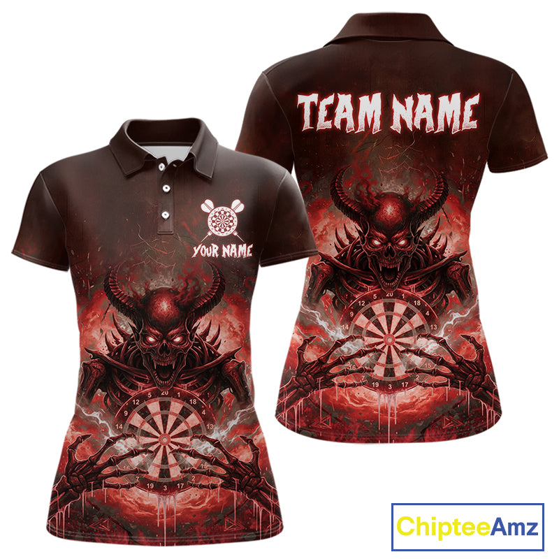 Custom Red Flames Skeleton Grunge Dartboard Women Darts Polo Shirt Horror Dart Jerseys NYN1896