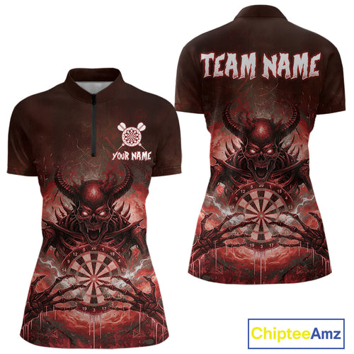 Custom Red Flames Skeleton Grunge Dartboard Women Darts Quarter-Zip Shirt Horror Dart Jerseys NYN1896