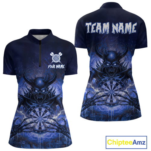 Custom Blue Flames Skeleton Grunge Dartboard Women Darts Quarter-Zip Shirt Horror Dart Jerseys NYN1897