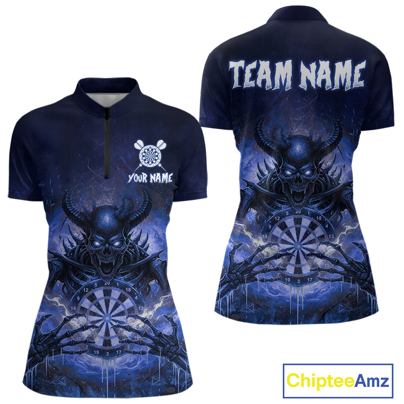Custom Blue Flames Skeleton Grunge Dartboard Women Darts Quarter-Zip Shirt Horror Dart Jerseys NYN1897