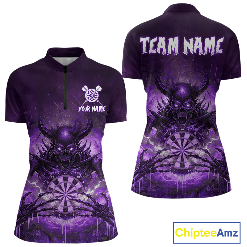 Custom Purple Flames Skeleton Grunge Dartboard Women Darts Quarter-Zip Shirt Horror Dart Jerseys NYN1898