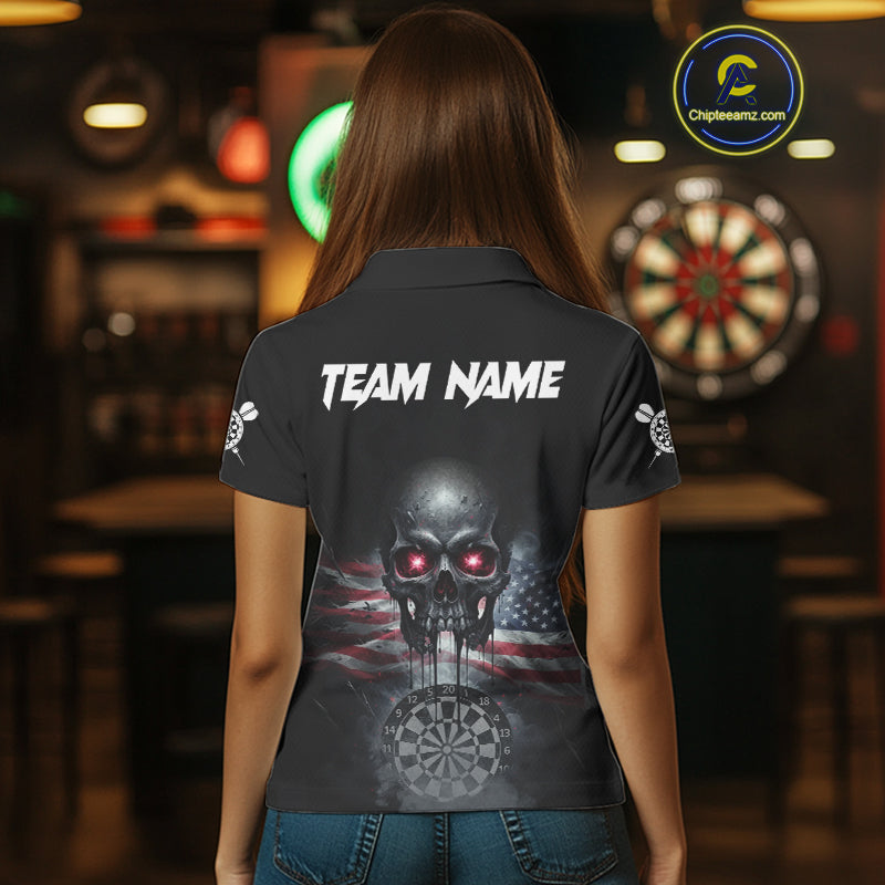 Custom Smoke US Flag Black Dripping Skull Women Darts Polo Shirt Patriotic Dart Jerseys NYN1899