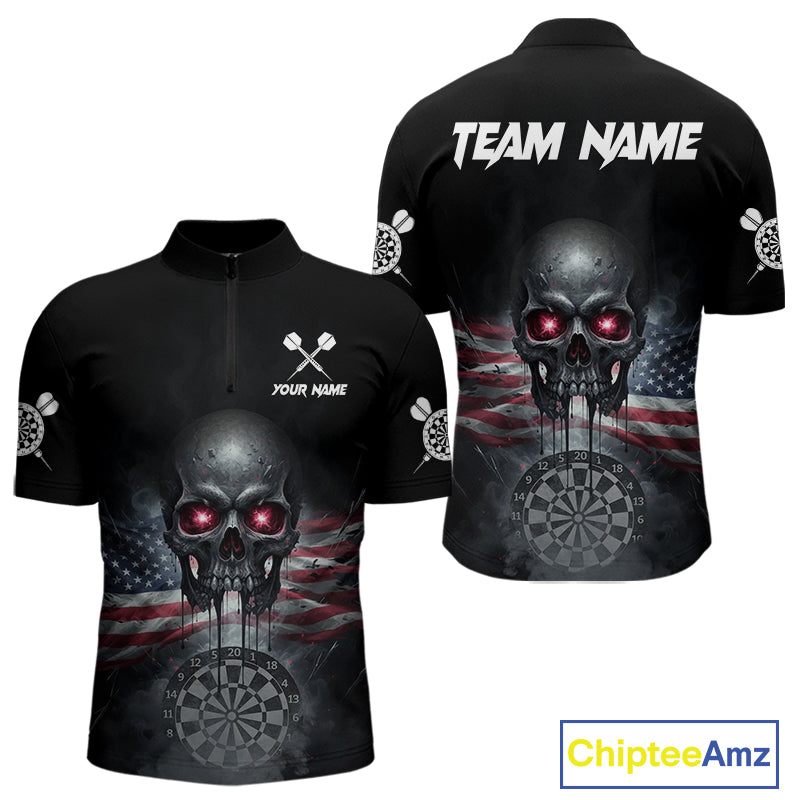 Custom Smoke US Flag Black Dripping Skull Men Darts Quarter-Zip Shirt Patriotic Dart Jerseys NYN1899