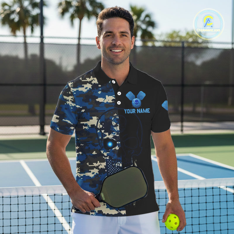 Custom Navy Digital Camo Skull Pickleball League Jerseys Men Skull Pickleball Paddle Shirt NYN2155