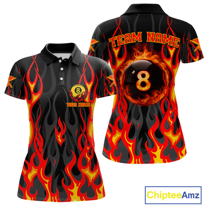 Fire Flame 8 Ball Pool Women Billiard Polo & 1/4-Zip Attire Custom Red Billiard Shirt Designs NYN2412