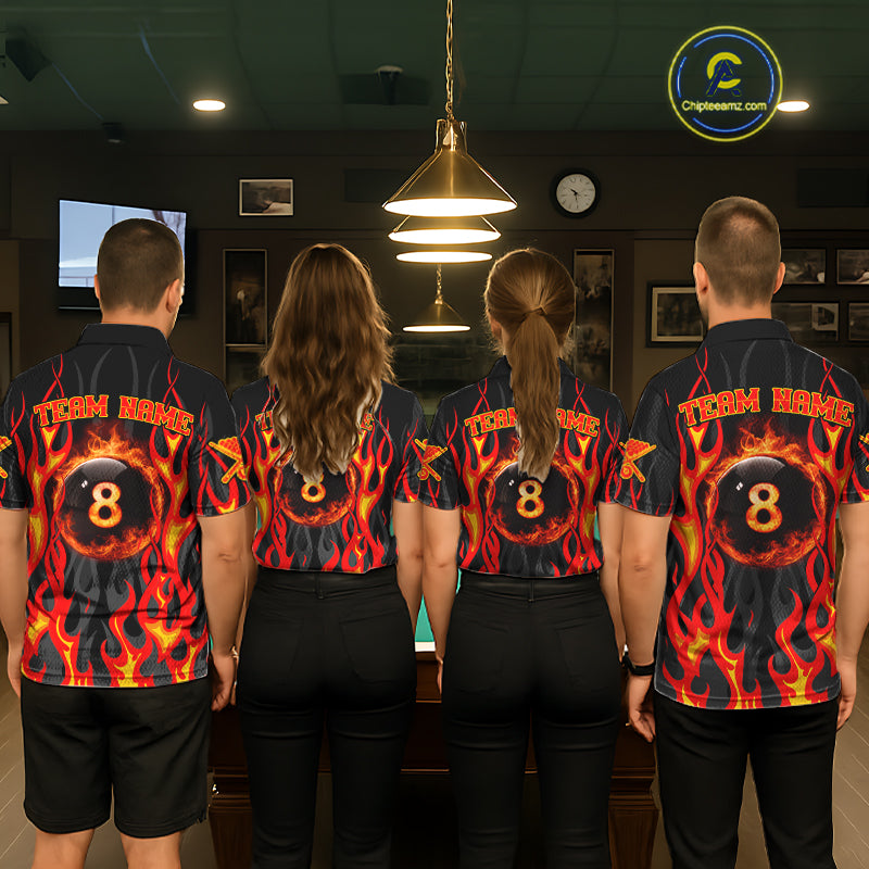 Fire Flame 8 Ball Pool Women Billiard Polo & 1/4-Zip Attire Custom Red Billiard Shirt Designs NYN2412