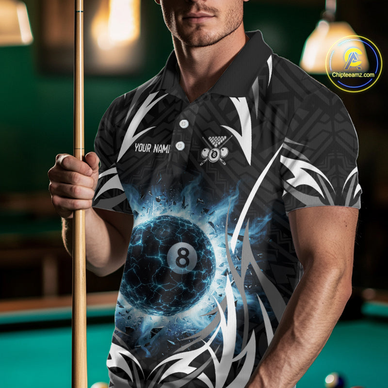 Lightning Blue 8 Ball Men Billiard Polo & 1/4-Zip Jersey Custom Tribal Pool Billiard Shirt NYN2415