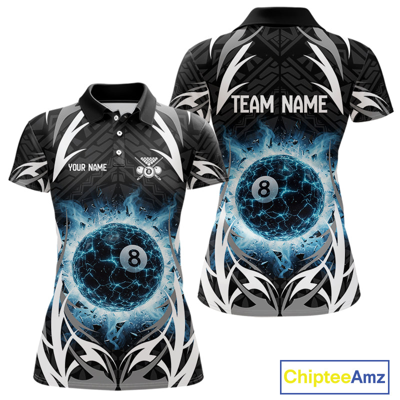 Lightning Blue 8 Ball Women Billiard Polo & 1/4-Zip Jersey Custom Tribal Pool Billiard Shirt NYN2415