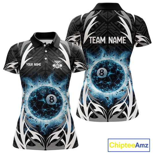 Lightning Blue 8 Ball Women Billiard Polo & 1/4-Zip Jersey Custom Tribal Pool Billiard Shirt NYN2415