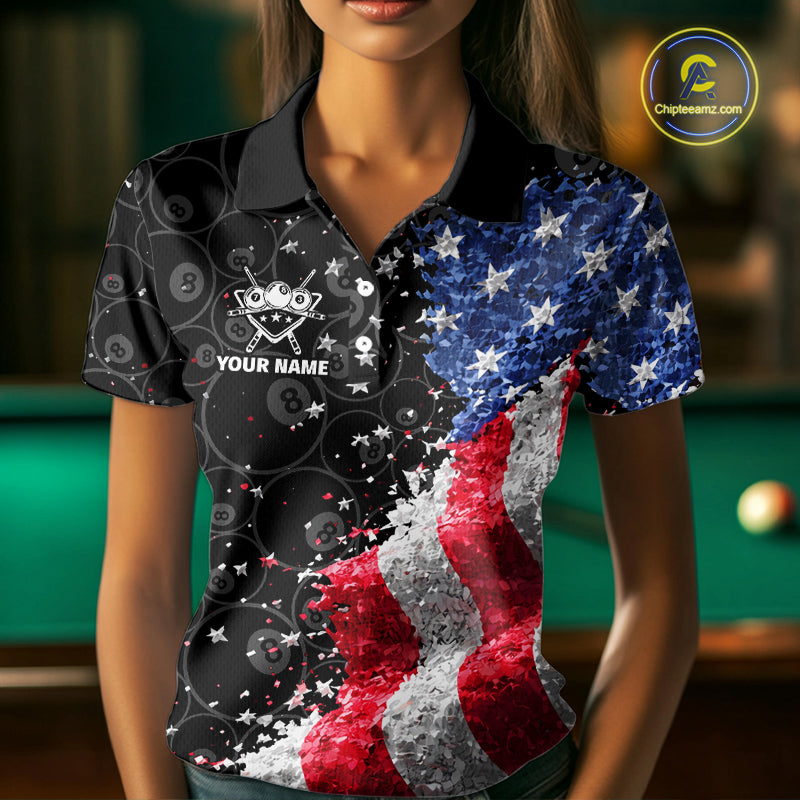 Debris US Flag 8 Ball Pool Polo & 1/4-Zip Shirt For Women Personalized Balls Billiard Gifts NYN2422