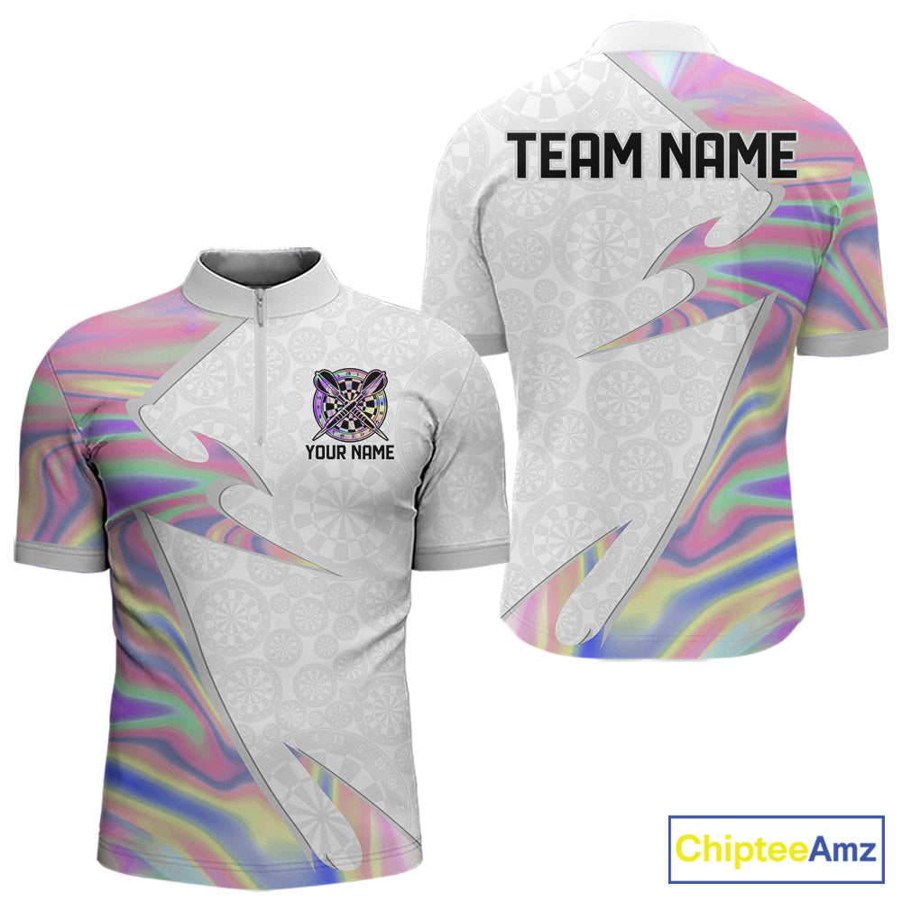 Personalized Pink Holographic Dartboard Pattern Men Darts Polo & 1/4-Zip Shirts Dart Team Jerseys NYN2811