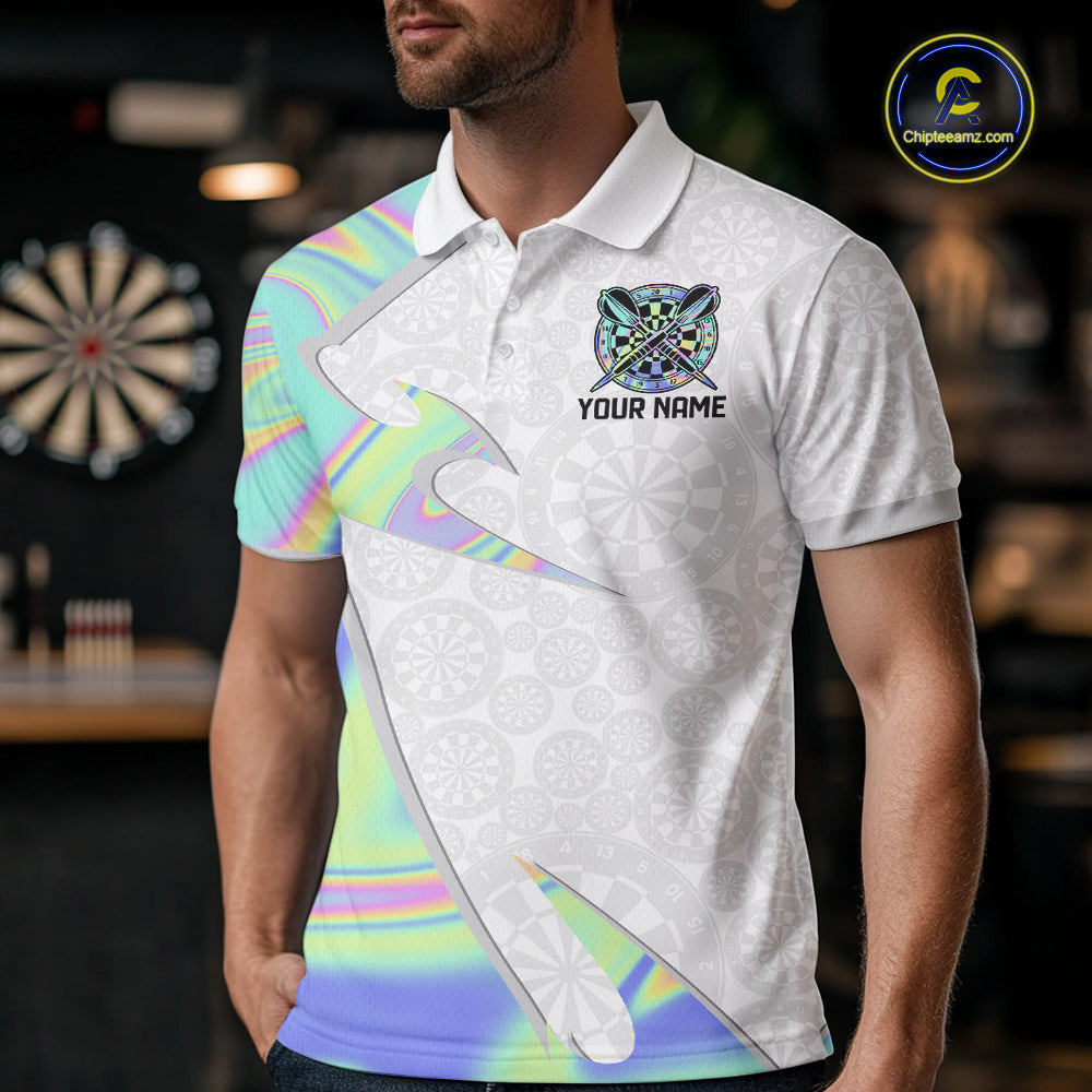 Personalized Green Blue Holographic Dartboard Pattern Men Darts Polo & 1/4-Zip Shirts Dart Team Jerseys NYN2812