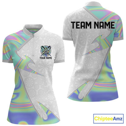 Personalized Green Blue Holographic Dartboard Pattern Women Darts Polo & 1/4-Zip Shirts Dart Team Jerseys NYN2812