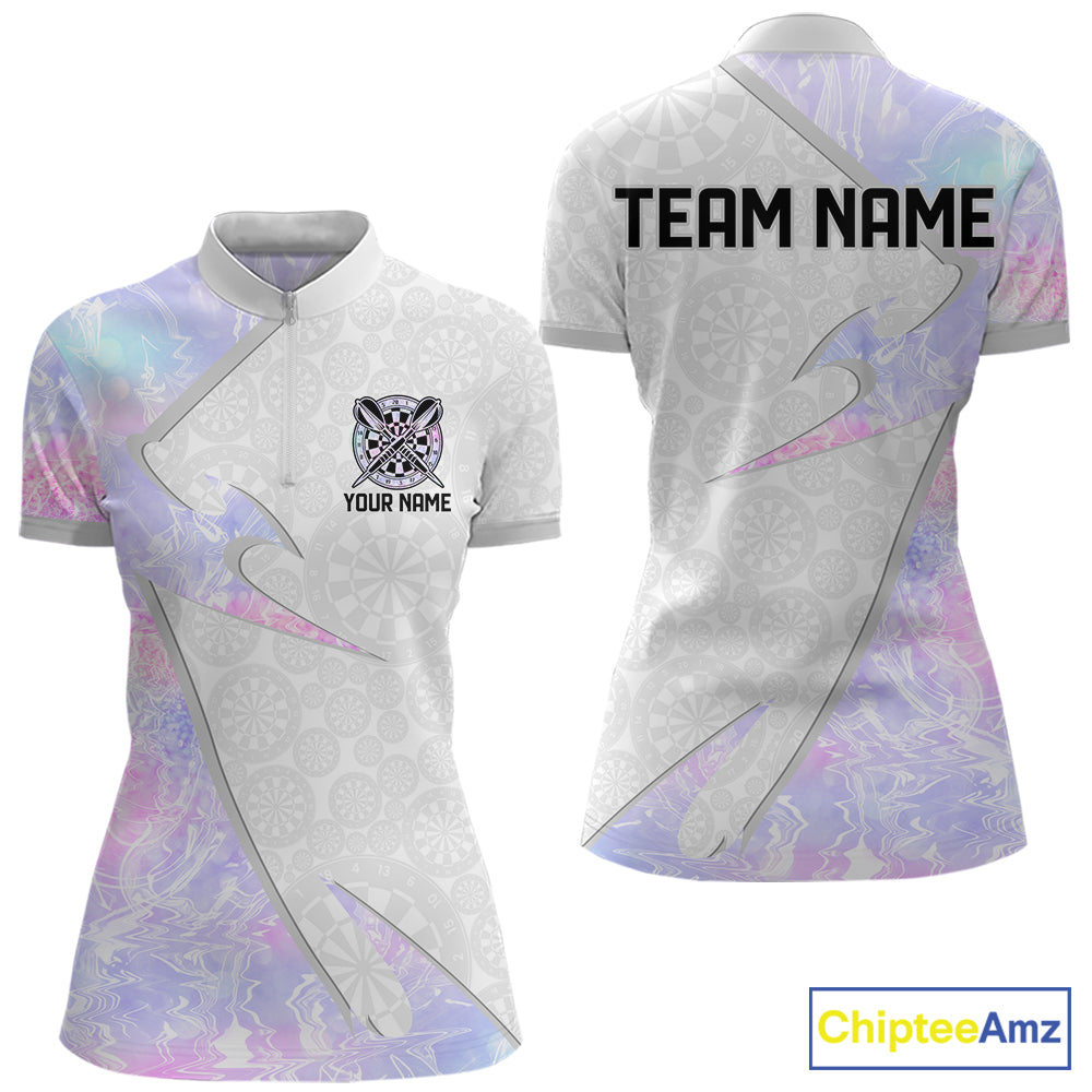 Personalized Pink-Purple Holographic Dartboard Women Darts Polo & 1/4-Zip Shirts Dart Team Jerseys NYN2813