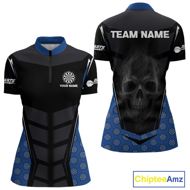 White Fog Skull & Dartboard - Blue Darts Team Shirt For Women With Custom Name NYN0484